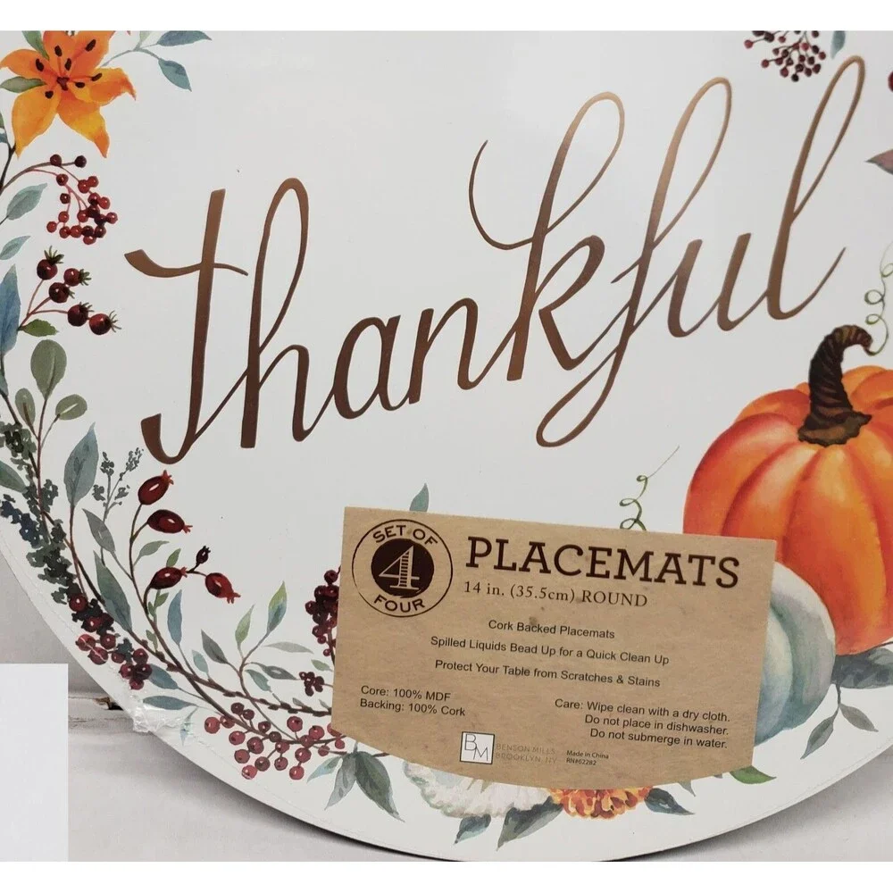 SET OF 4 HARD ROUND PLACEMATS W/CORK BACK (14